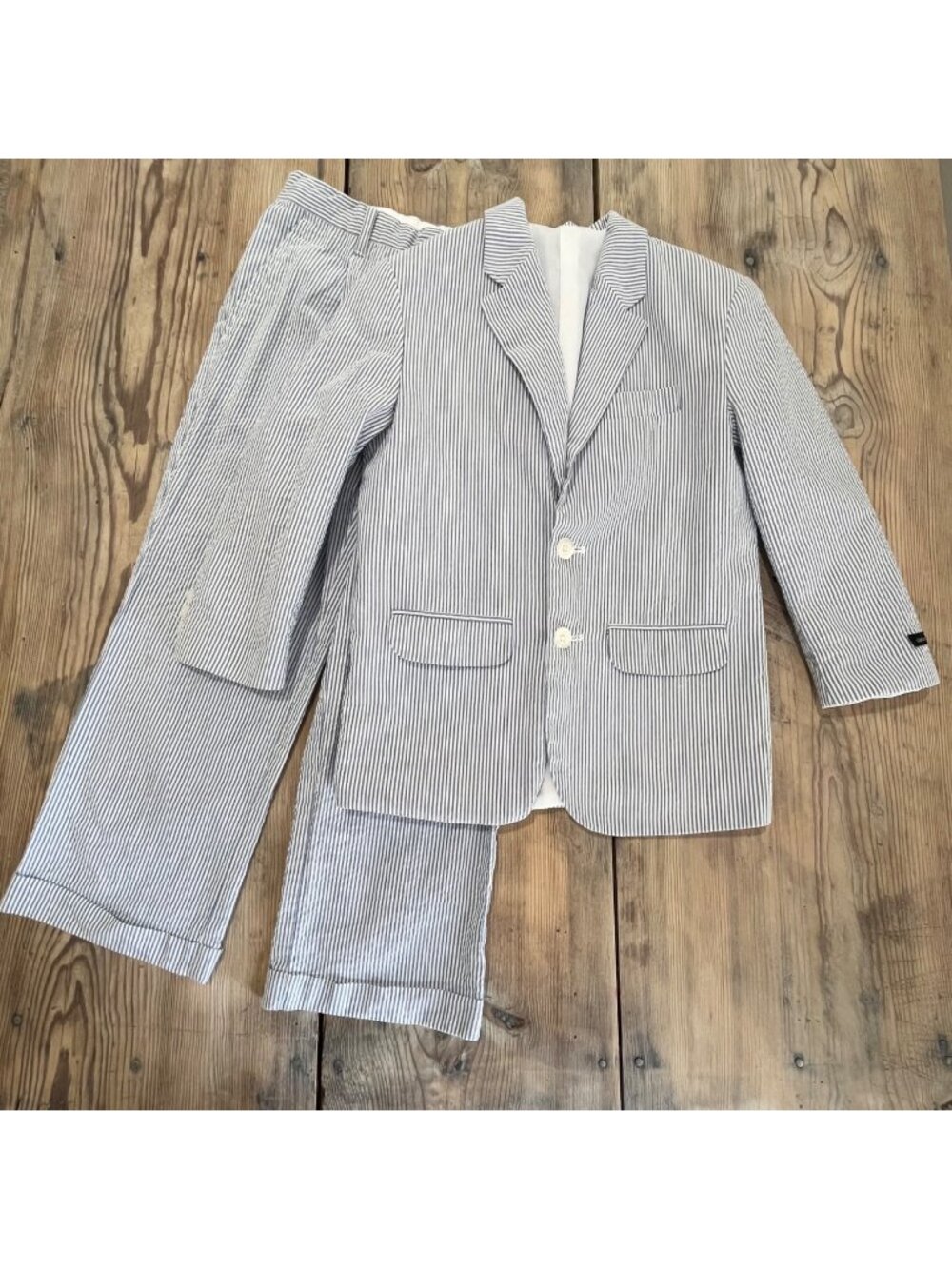 Claiborne Seersucker 2 Piece Suite Boys 8 Blue Stripe Blazer Chino Pants Coastal